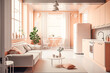 Modern light cozy spacious apartment in light peach colors. Generative AI	
