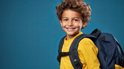 Handsome 10 yo little boy in glasses is surprised, inspired, copy space, isolated on blue background