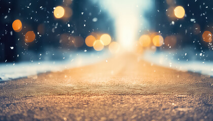 Wall Mural - Washed-out road with snow and lights