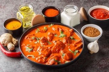 Wall Mural - Traditional Indian British dish chicken tikka masala with spicy curry meat in creamy gravy over dark concrete background closeup. Horizontal