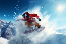 Snowboarder Jumping In The Air In Fresh Snow Powder