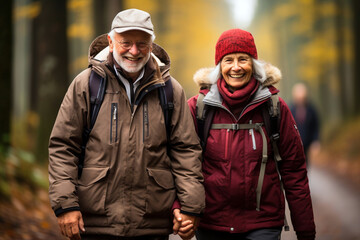 Wall Mural - Romantic elderly healthy lifestyle concept. Senior cheerful active smiling mature couple walks looks happy in the park with hiking modern backpacks, in afternoon autumn day, happily retired