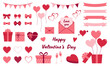 Set of Valentine's day hand drawn decorative elements. Ribbons, bows, garlands, gift boxes, balloons, envelopes, heart shaped frames.