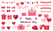 Set Of Valentine's Day Hand Drawn Decorative Elements. Ribbons, Bows, Garlands, Gift Boxes, Balloons, Envelopes, Heart Shaped Frames.