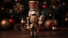 Wooden Christmas Nutcracker Figurine Against A Background Of A Christmas Tree.