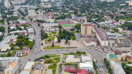 Ivanovo, Russia - August 12, 2020: Flight over the city center. Revolution square. Monument to the Fighters of the 1905 Revolution, Aerial View