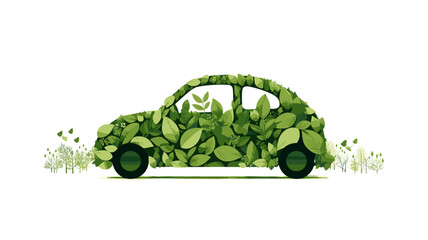 Wall Mural - simple 2D illustration, silhouette of a clipart car, no details, consisting of small green leafs , white background as a symbom of sustainable and clean energy. Alternative and ecofriendly energy. Tra