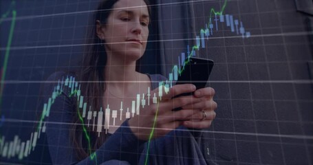 Poster - Animation of multiple graphs and changing numbers, caucasian woman sitting and using smartphone