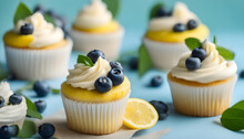 Beautiful lemon vanilla cupcakes with cream cheese frosting decorated with fresh blueberries.