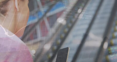 Poster - Animation of graphs and trading board, caucasian woman scrolling on cellphone while using escalator