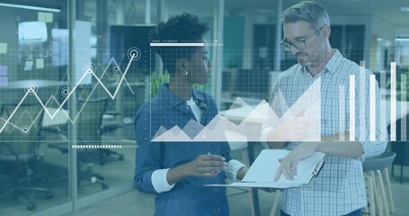 Poster - Animation of graphs, loading bars and map over diverse coworkers discussing reports in office