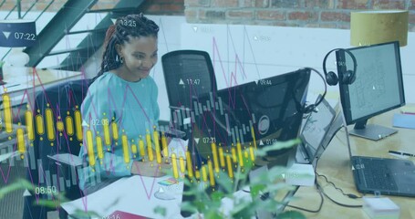 Poster - Animation of multiple graphs with changing numbers over biracial woman preparing reports in office