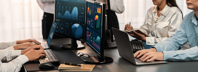 Poster - analyst working on data analysis or bi dashboard on computer monitor. business team analyzing financ