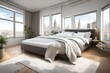 A bright and airy bedroom with a king-size bed and a large window overlooking the city. 