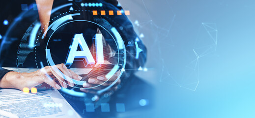Poster - Woman hands with smartphone, AI interface