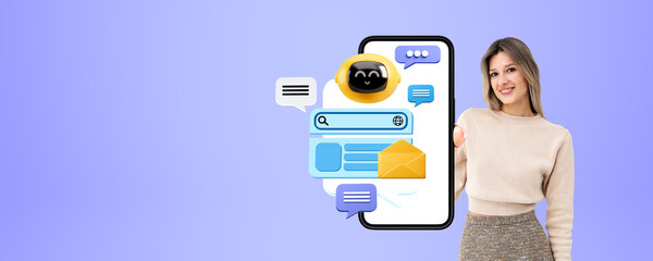 Poster - Woman with mock up phone display, chat bot speech bubbles and copy space