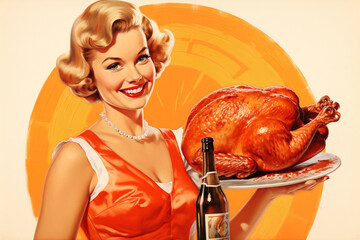 blond woman holding thanksgiving turkey and beer bottle  in vintage advertising pin up illustration style with red background 