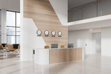 Fototapeta  - White and wooden office hall interior with reception and elevator
