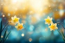 Abstract Spring Banner Featuring Daffodil Flowers And Bokeh Lights For A Vibrant Spring Concept. Generative AI