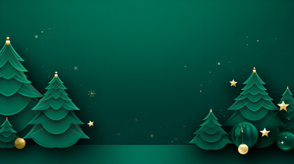 Wall Mural - Christmas monochrome in emerald color greeting with Christmas trees  design with golden decorative elements and copy space. Green Merry Christmas and Happy New Year greeting card. 