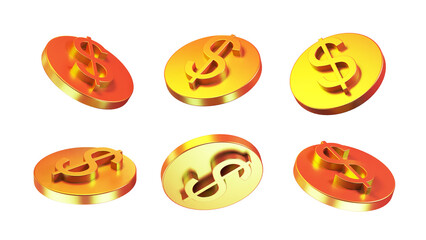 Aufkleber - 3d coin rendering illustration. coins isolated different views. set of colorful coins. dollar coin 3d