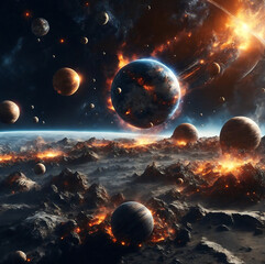 Wall Mural - Planetary collisions and explosions in space.Generative Ai