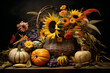 cornucopia basket of flowers and pumpkins for thanksgiving on dark black background