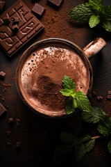 Wall Mural - Cup of hot chocolate garnished with a peppermint stick and sprinkled with cocoa powder