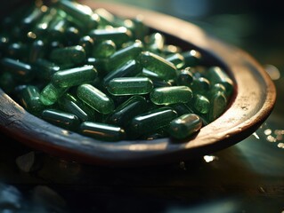 Green Organic Spirulina in algae pills tablets bamboo wood spoon rich in iron Close - up Super food concept healthy, Generative AI