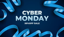 Cyber Monday Sale Design Template. Dark Banner With Blue Long Ribbon. Vector Illustration