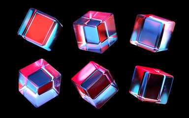 Aufkleber - set of glass cubes. transparent colorful 3d cubes. 3d rendering illustration of box. futuristic crystal 3d boxes isolated on dark background