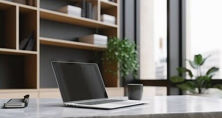 Poster - elevate workspace. modern home office with laptops and coffee on table. tech and creativity. sleek s