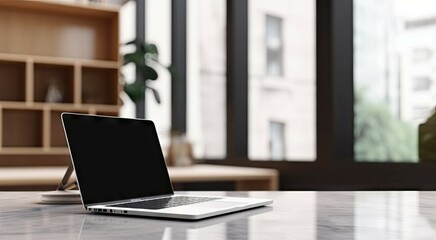 Poster - elevate workspace. modern home office with laptops and coffee on table. tech and creativity. sleek s