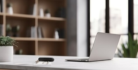 Poster - elevate workspace. modern home office with laptops and coffee on table. tech and creativity. sleek s