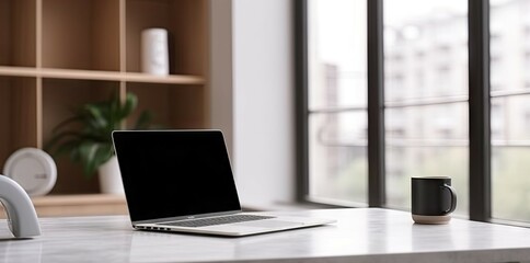 Poster - elevate workspace. modern home office with laptops and coffee on table. tech and creativity. sleek s