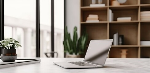 Poster - elevate workspace. modern home office with laptops and coffee on table. tech and creativity. sleek s