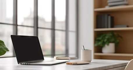Poster - elevate workspace. modern home office with laptops and coffee on table. tech and creativity. sleek s