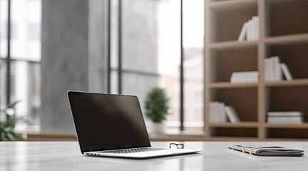 Poster - elevate workspace. modern home office with laptops and coffee on table. tech and creativity. sleek s