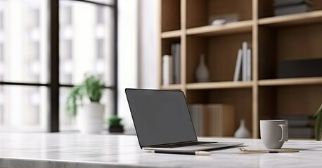 Poster - elevate workspace. modern home office with laptops and coffee on table. tech and creativity. sleek s
