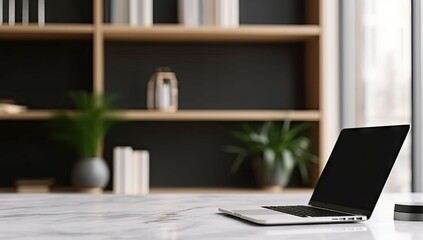 Poster - elevate workspace. modern home office with laptops and coffee on table. tech and creativity. sleek s