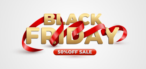 Wall Mural - Black friday sale banner with realistic 3d gold typography and red ribbon