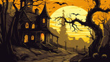 Fototapeta Big Ben - Illustration of a haunted house in shades of dark yellow. Halloween, fear, horror