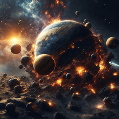 Wall Mural - Planetary collisions and explosions in space.Generative Ai