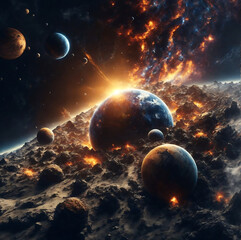 Wall Mural - Planetary collisions and explosions in space.Generative Ai