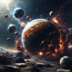 Wall Mural - Planetary collisions and explosions in space. Generative Ai