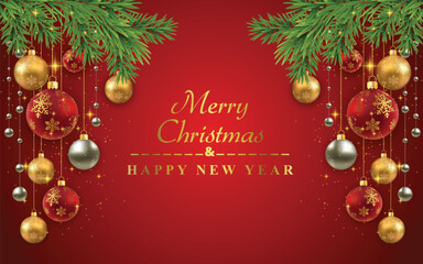 Wall Mural - Merry christmas wishes banner template with pine branches and christmas ball