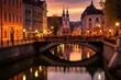 Evening view of a historic cityscape in Ljubljana, Slovenia. Generative AI