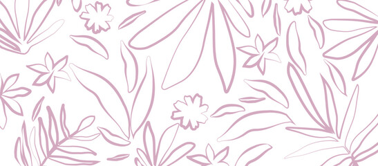  Abstract hand drawn flower art seamless pattern illustration. Cute botanical shapes, random childish doodle cutouts of tropical leaves, flowers and branches, decorative abstract art vector