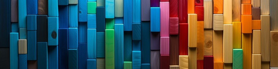 Wall Mural - Colorful spectrum of wooden blocks in a chaotic pattern for use as background