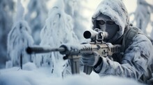 Soldier Aiming His Sniper Rifle In The Cold Winter Snow During A Battle